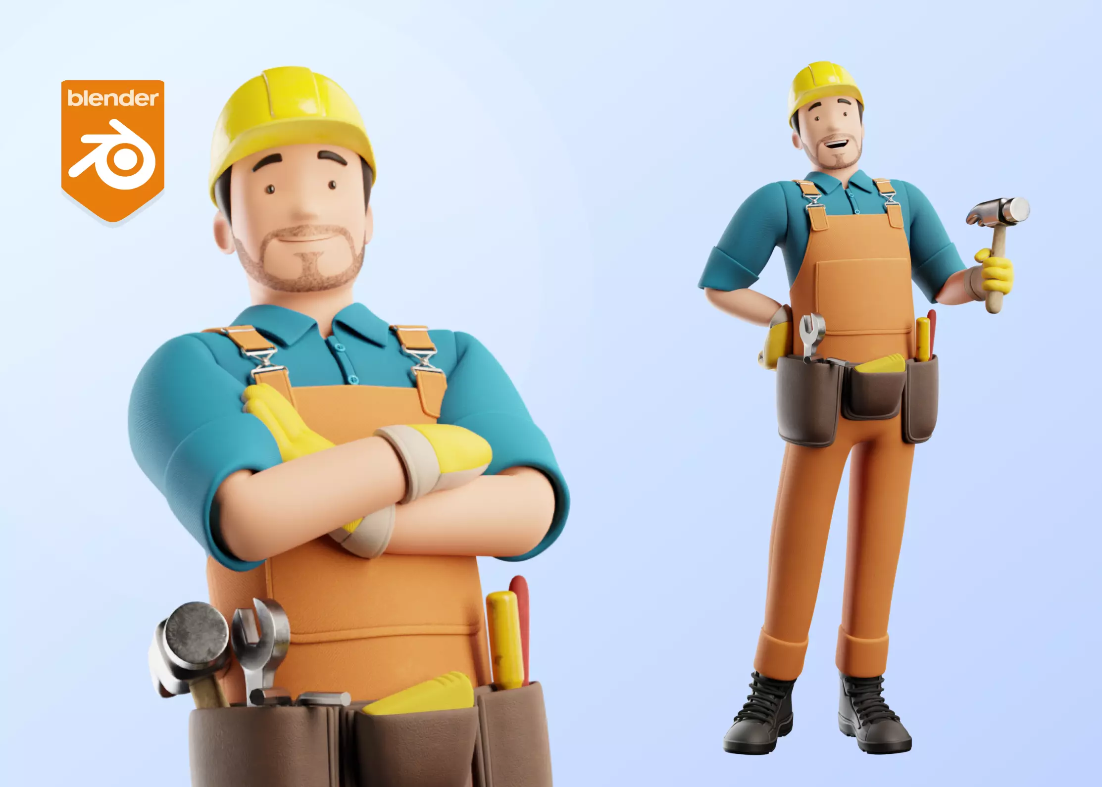 Male Cartoon Worker Builder Illustration Character Low-poly 3D model