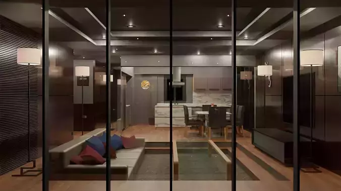 Kitchen and Living Room Interior Scene