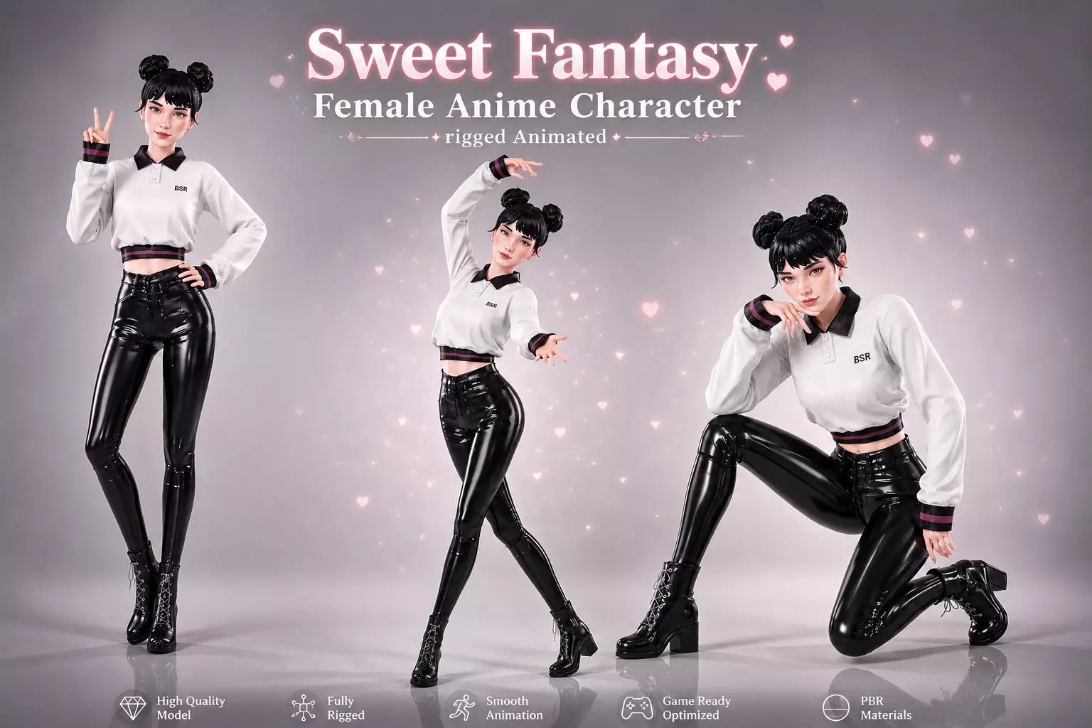 Sweet Fantasy Female Anime Character rigged Animated gameready Low-poly 3D model