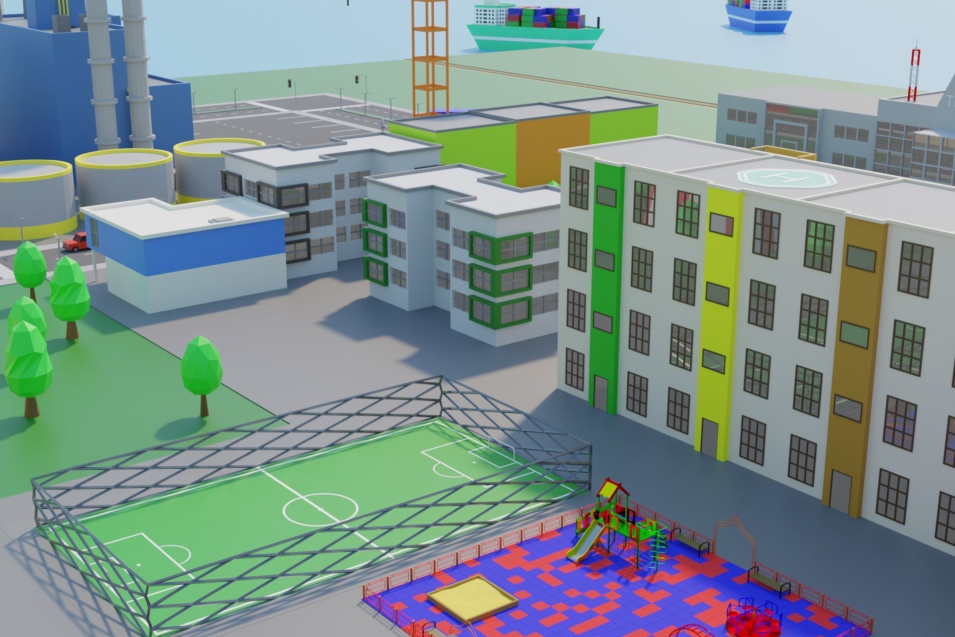 Cartoon City Low-poly 3D model_2