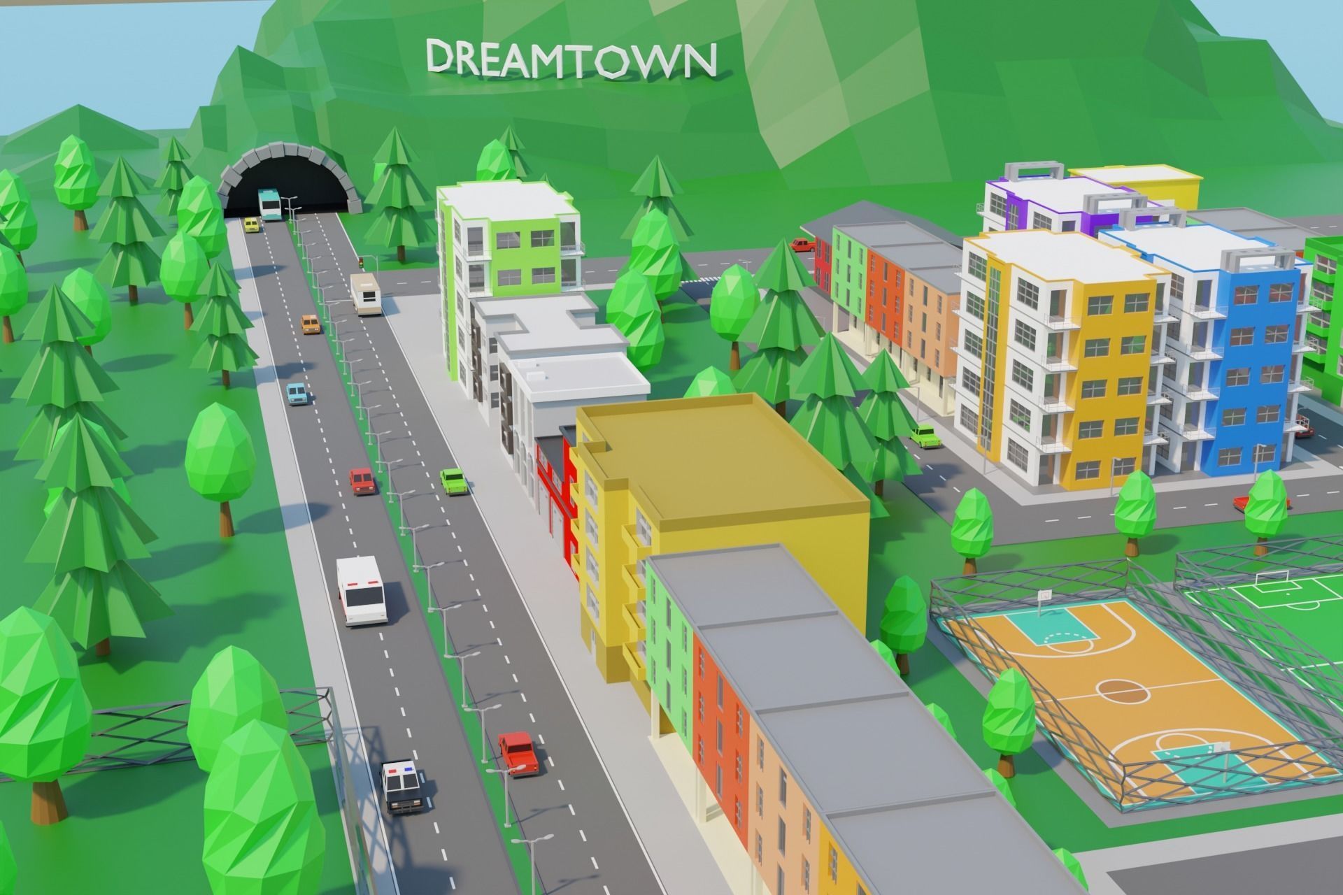 Cartoon City Low-poly 3D model_9