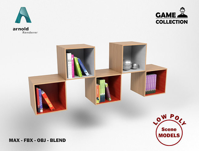 Shelf with books Low-poly 3D model