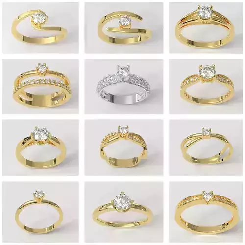 12 Solitaire Rings - Pack 3D Model Collection