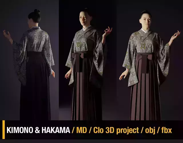Kimono and Hakama Marvelous Designer Clo 3D project 3D model