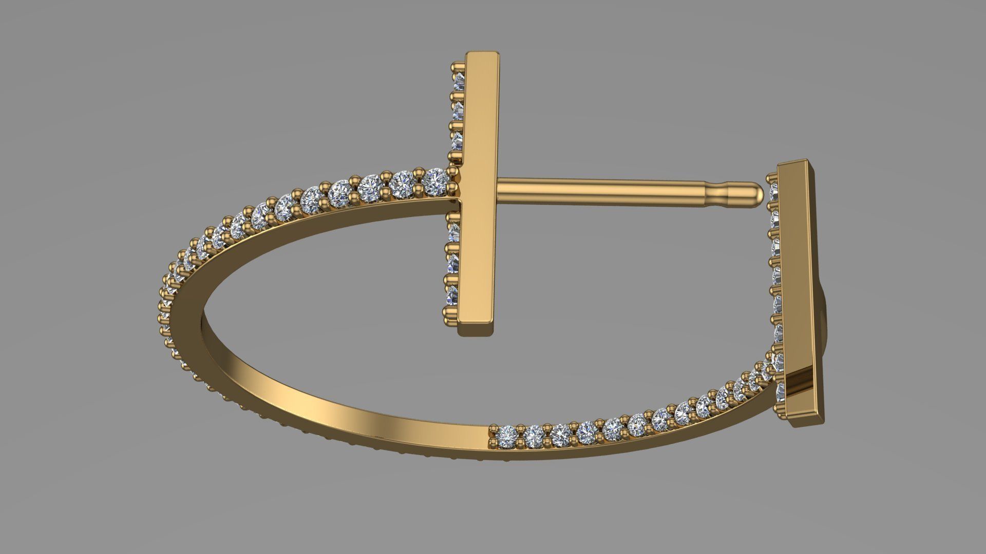 T Hoop Earring diameter 25 mm with diamonds 3D print model_3