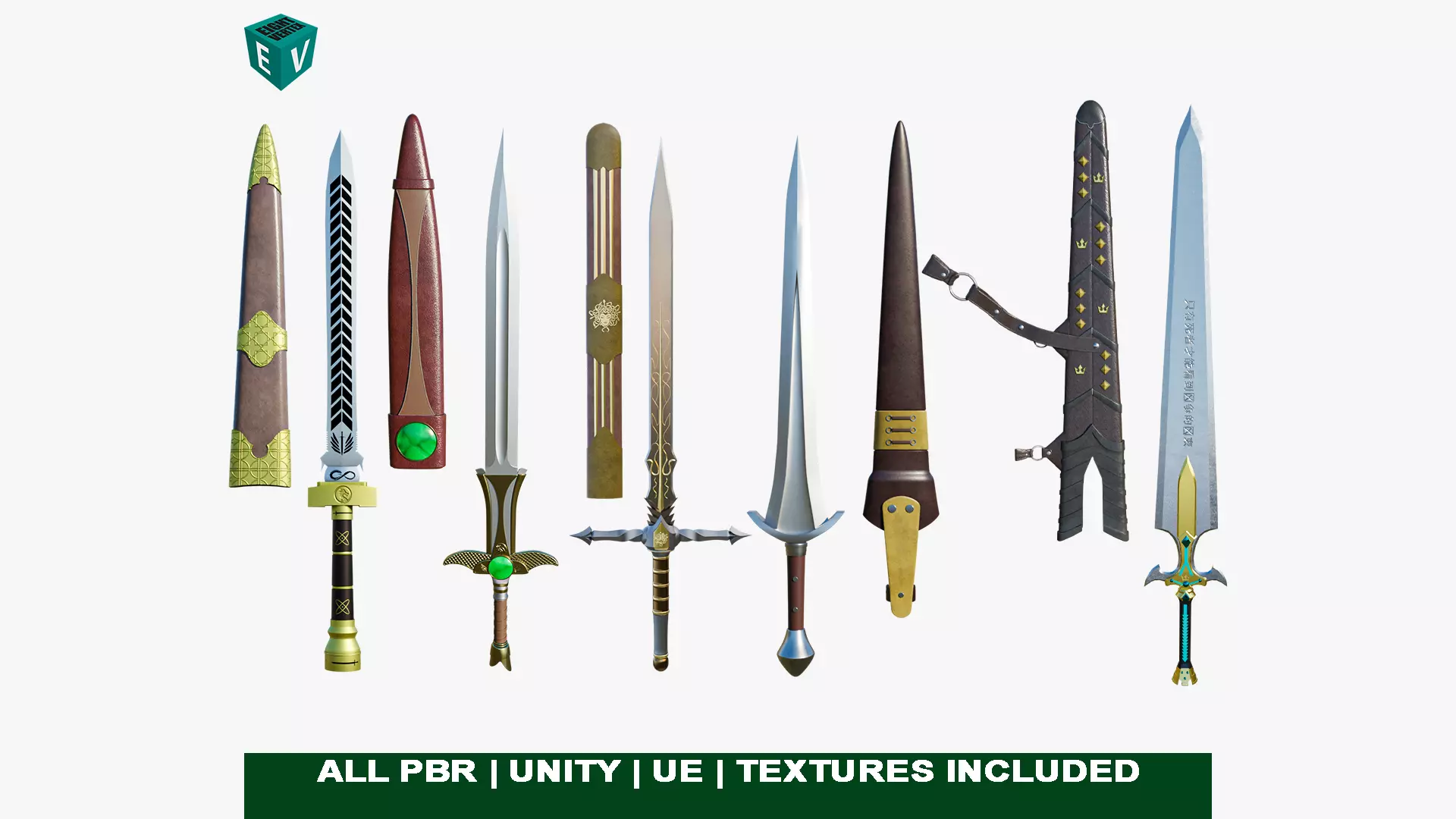 5 Fantasy Swords All PBR Unity UE Textures Included  3D Model Collection_0