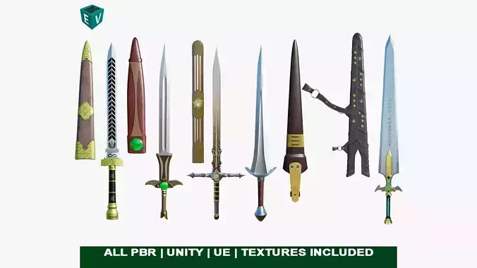 5 Fantasy Swords All PBR Unity UE Textures Included  3D Model Collection