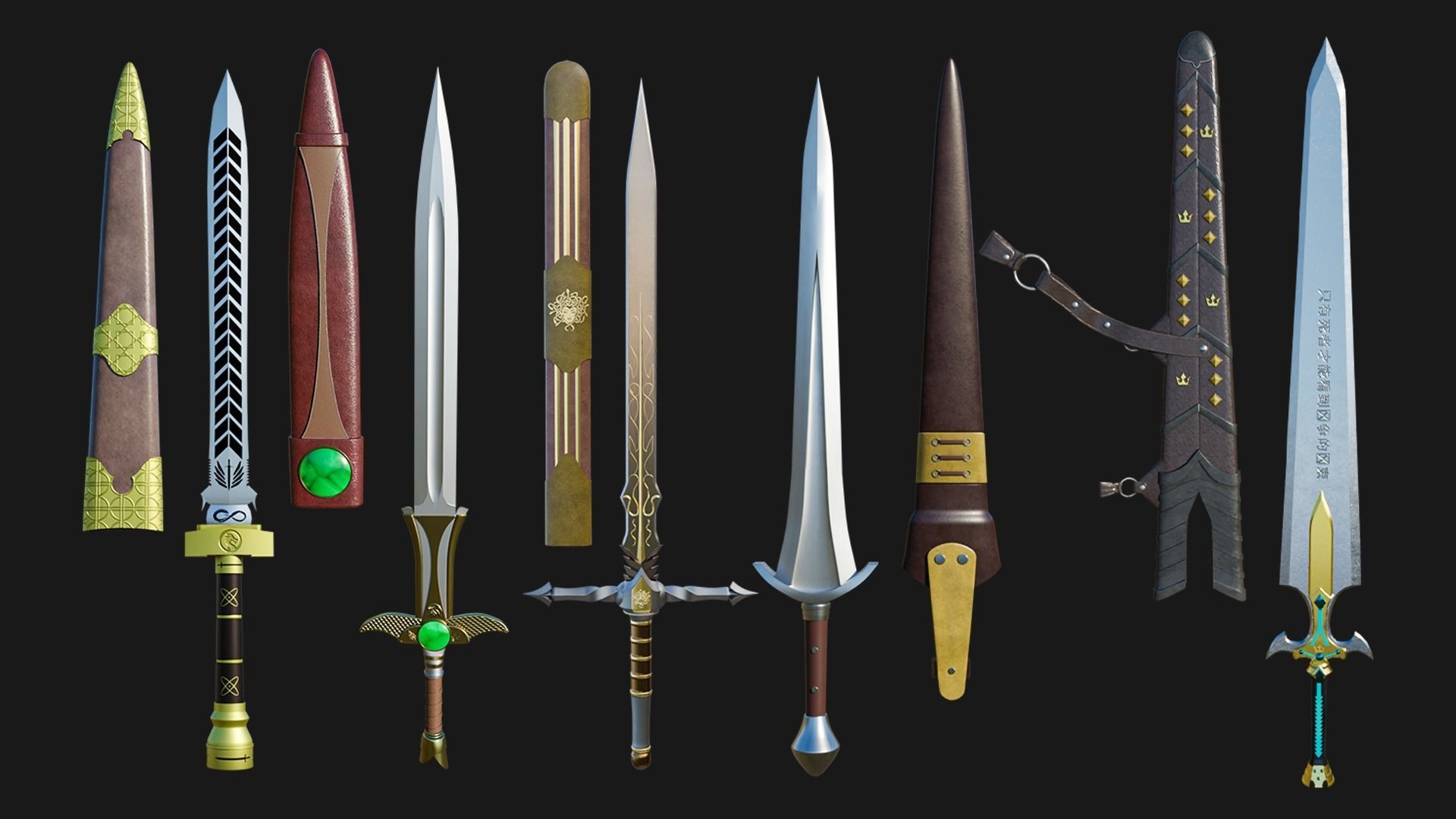5 Fantasy Swords All PBR Unity UE Textures Included  3D Model Collection_1