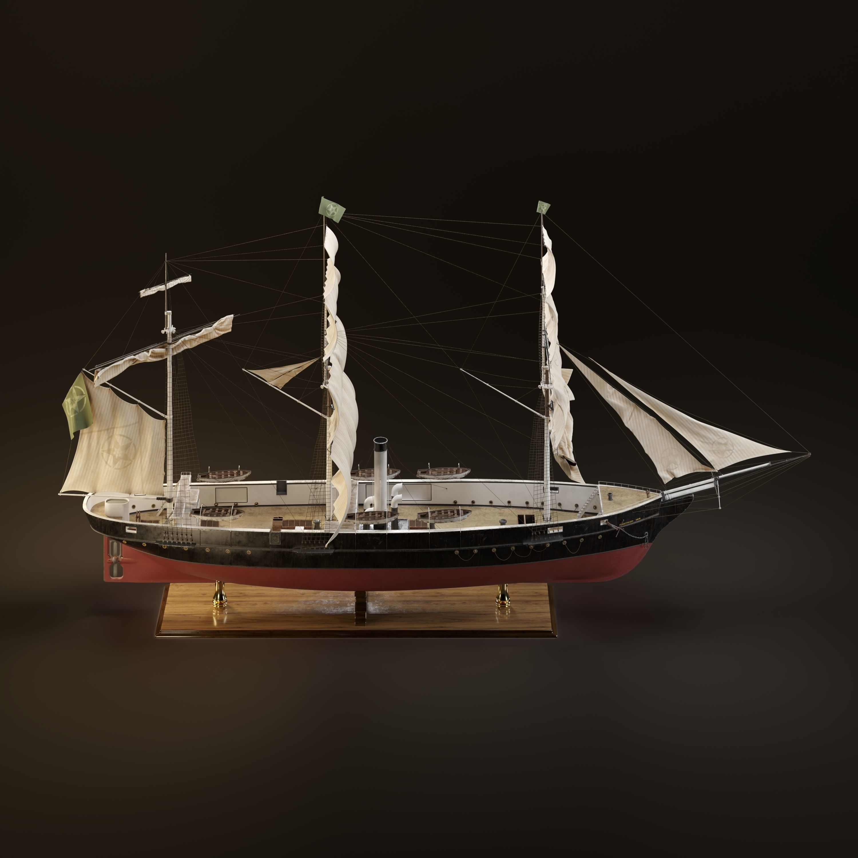Steamsail Hartford Sail Warship 3D model_12