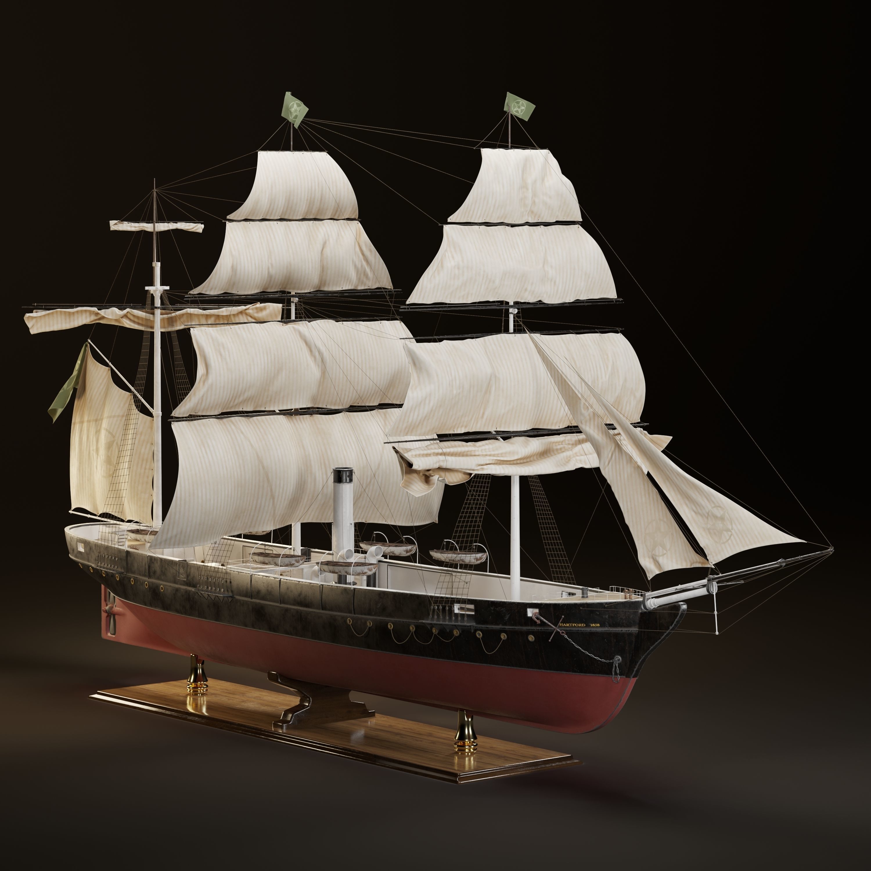 Steamsail Hartford Sail Warship 3D model_11