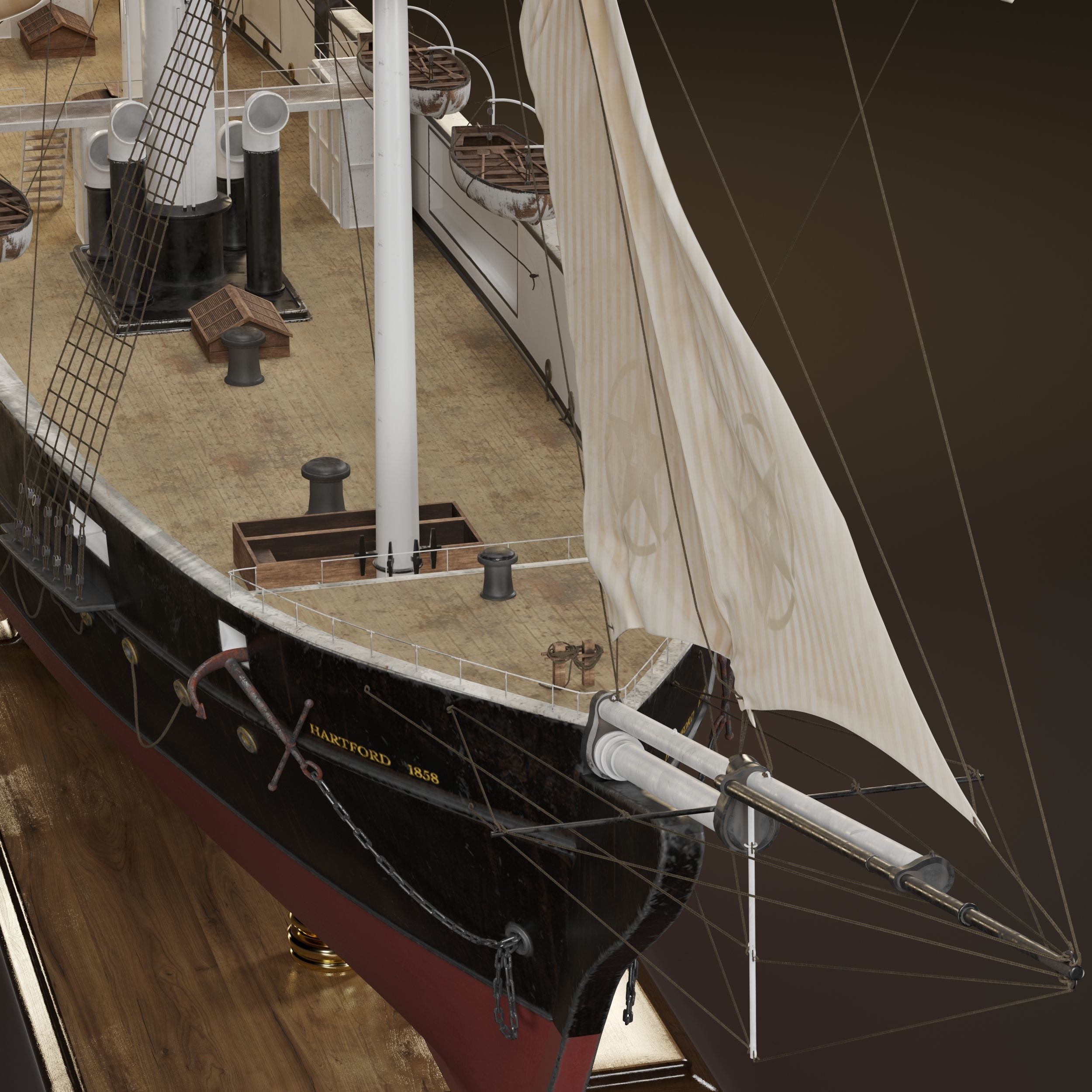Steamsail Hartford Sail Warship 3D model_2