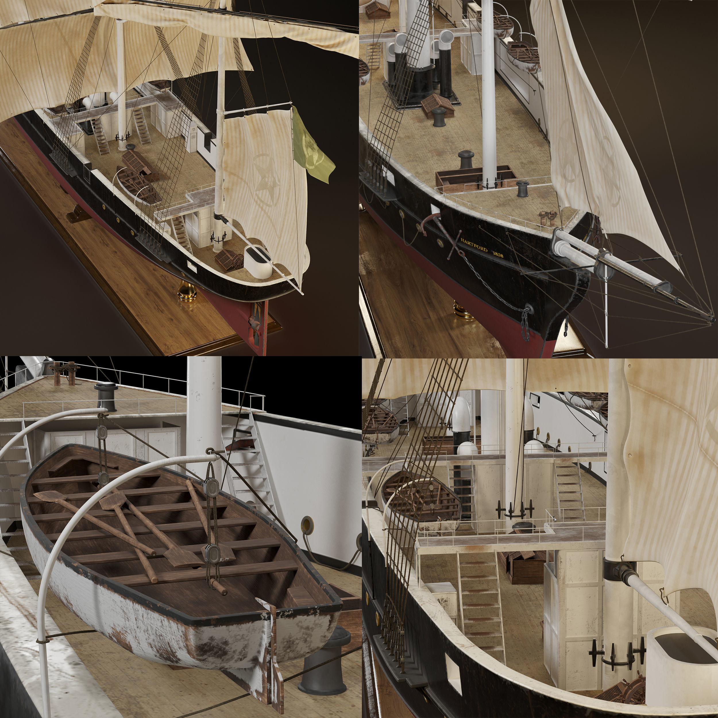 Steamsail Hartford Sail Warship 3D model_6