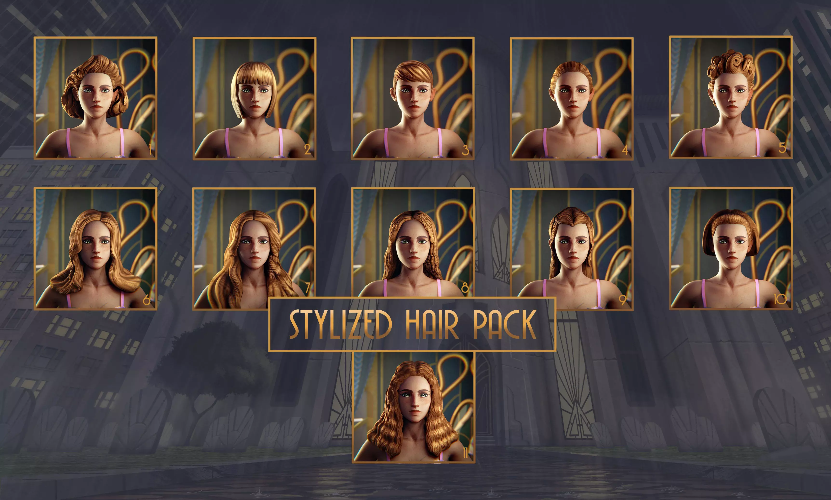 Stylized Hair with Handpainted Textures Female Bundle Low-poly 3D model_0