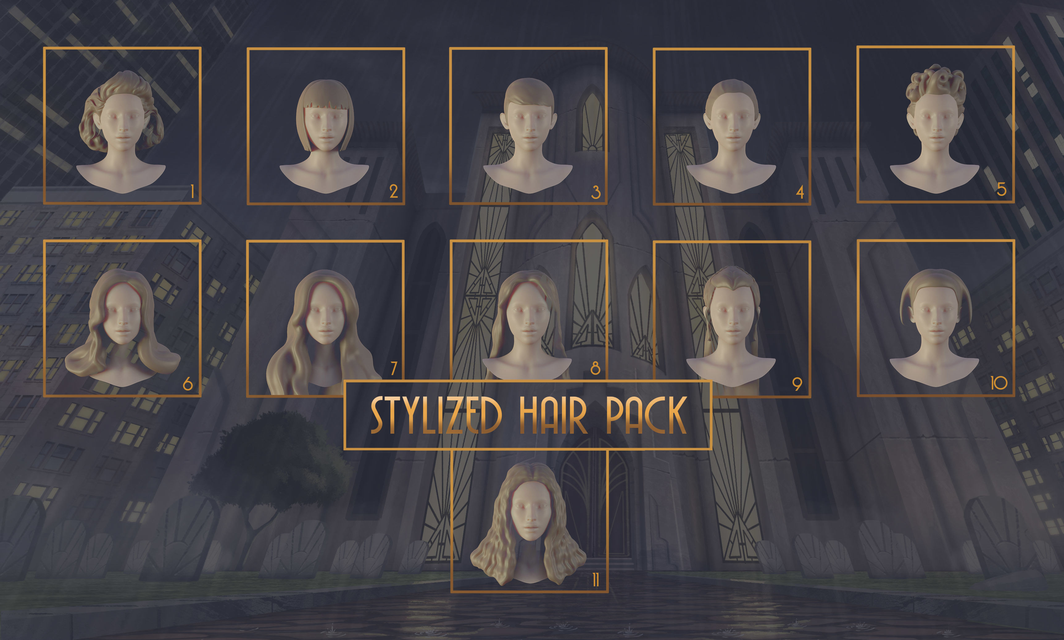 Stylized Hair with Handpainted Textures Female Bundle Low-poly 3D model_5