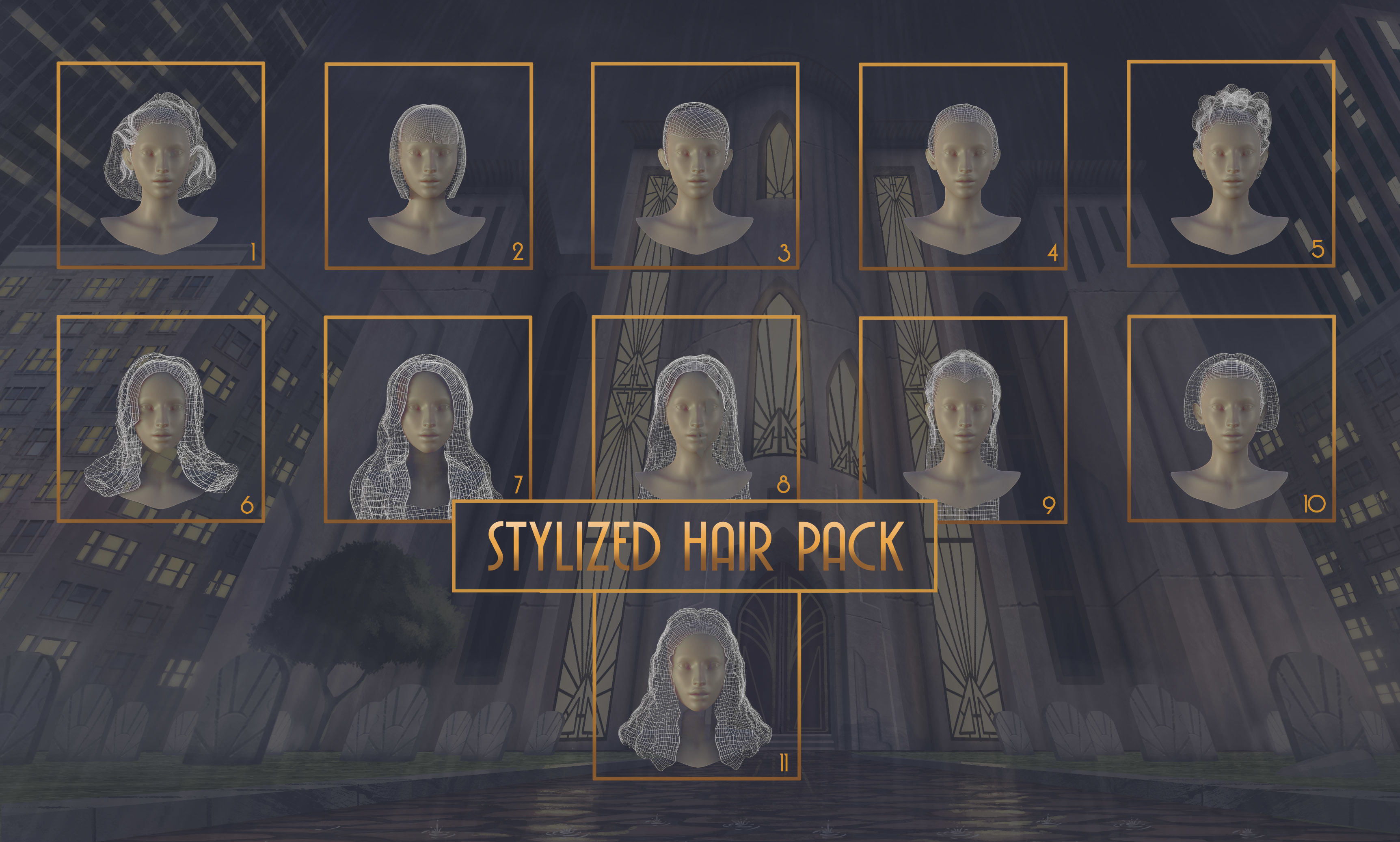 Stylized Hair with Handpainted Textures Female Bundle Low-poly 3D model_4