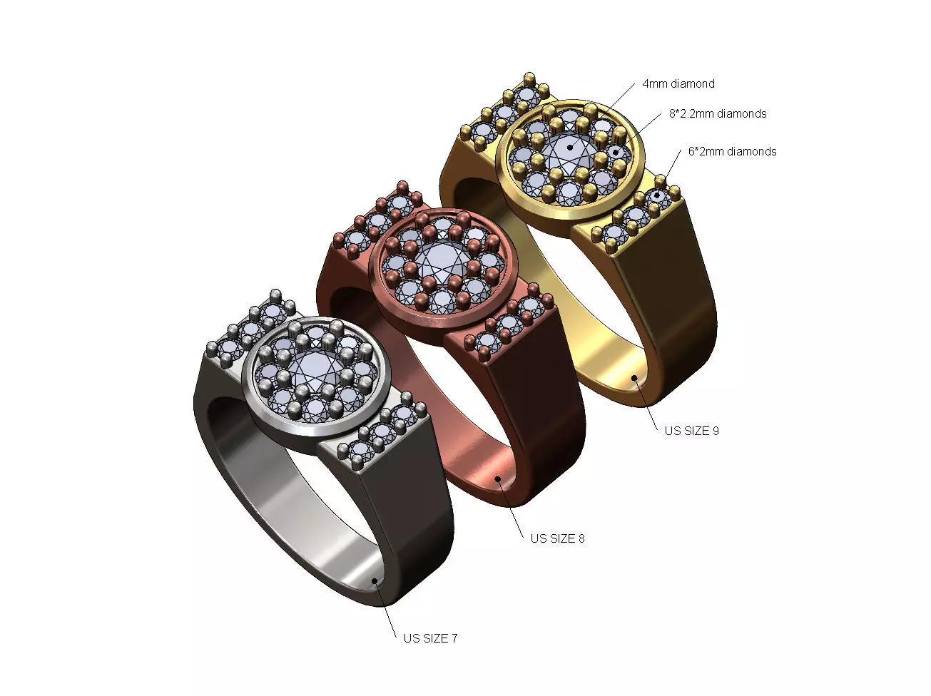Round cluster and diamond sides ring US sizes 7 8 9 3D print model_0