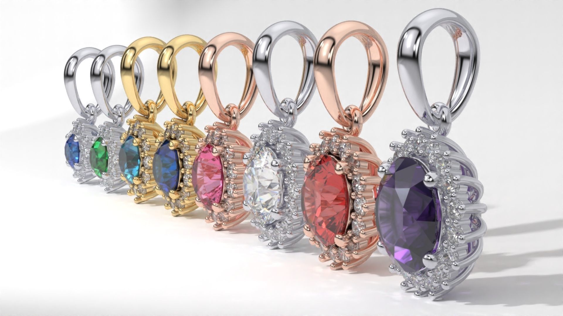 halo style diamond pendants 4mm to 8mm center gemstone 3D print model_4