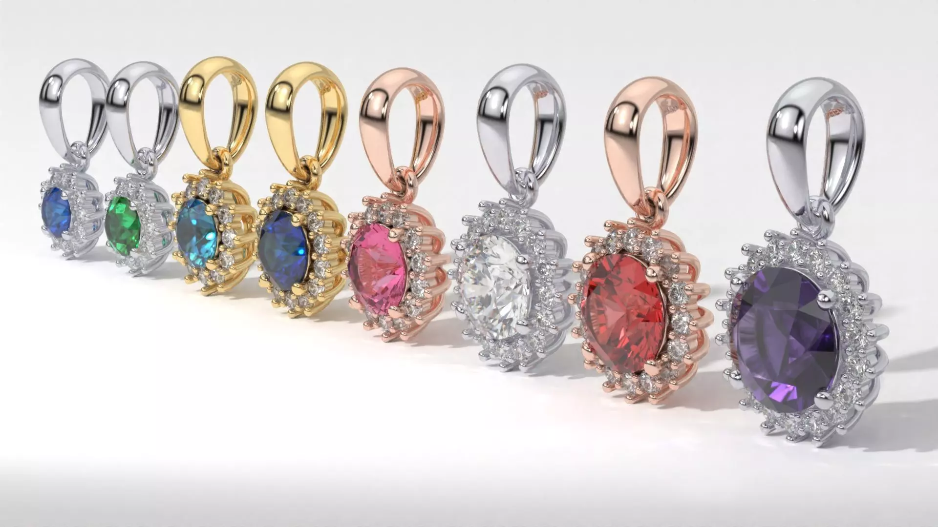 halo style diamond pendants 4mm to 8mm center gemstone 3D print model_0