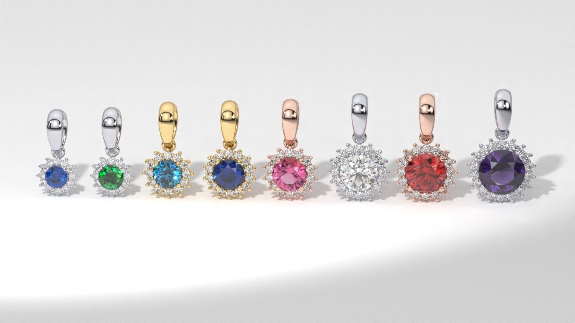 halo style diamond pendants 4mm to 8mm center gemstone 3D print model_1