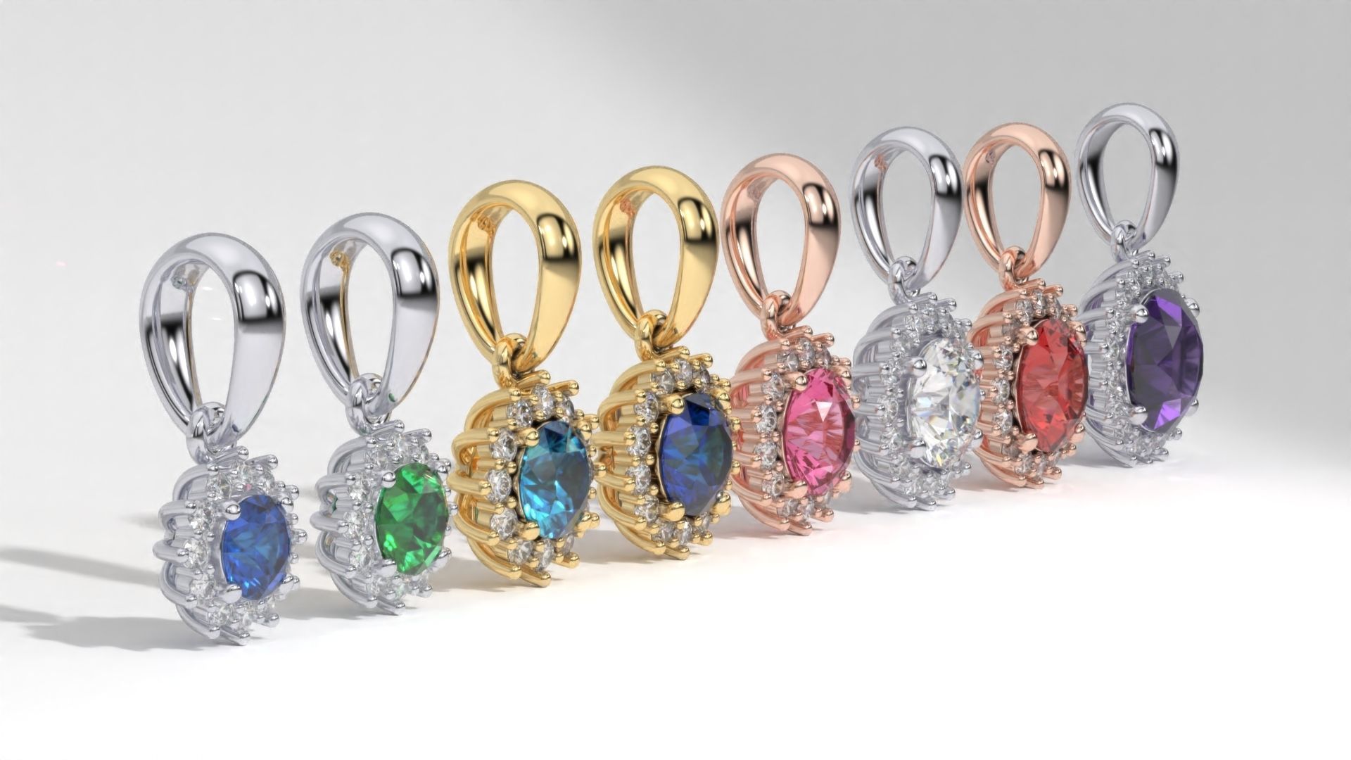 halo style diamond pendants 4mm to 8mm center gemstone 3D print model_2