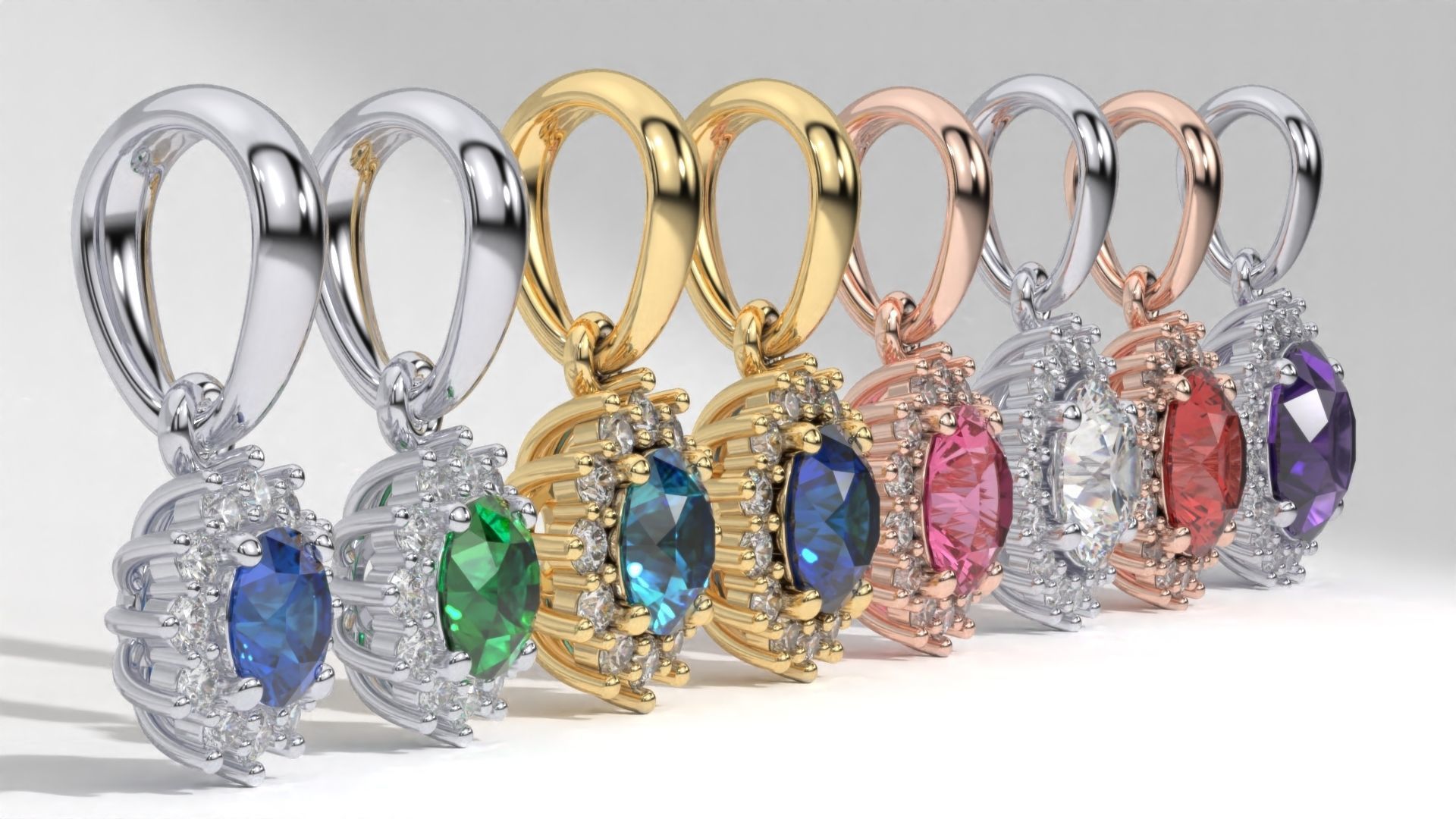 halo style diamond pendants 4mm to 8mm center gemstone 3D print model_3