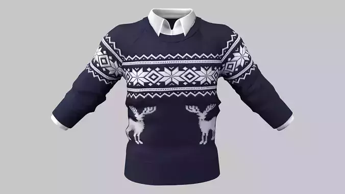 Men Navy and White Christmas Jumper With Shirt Under