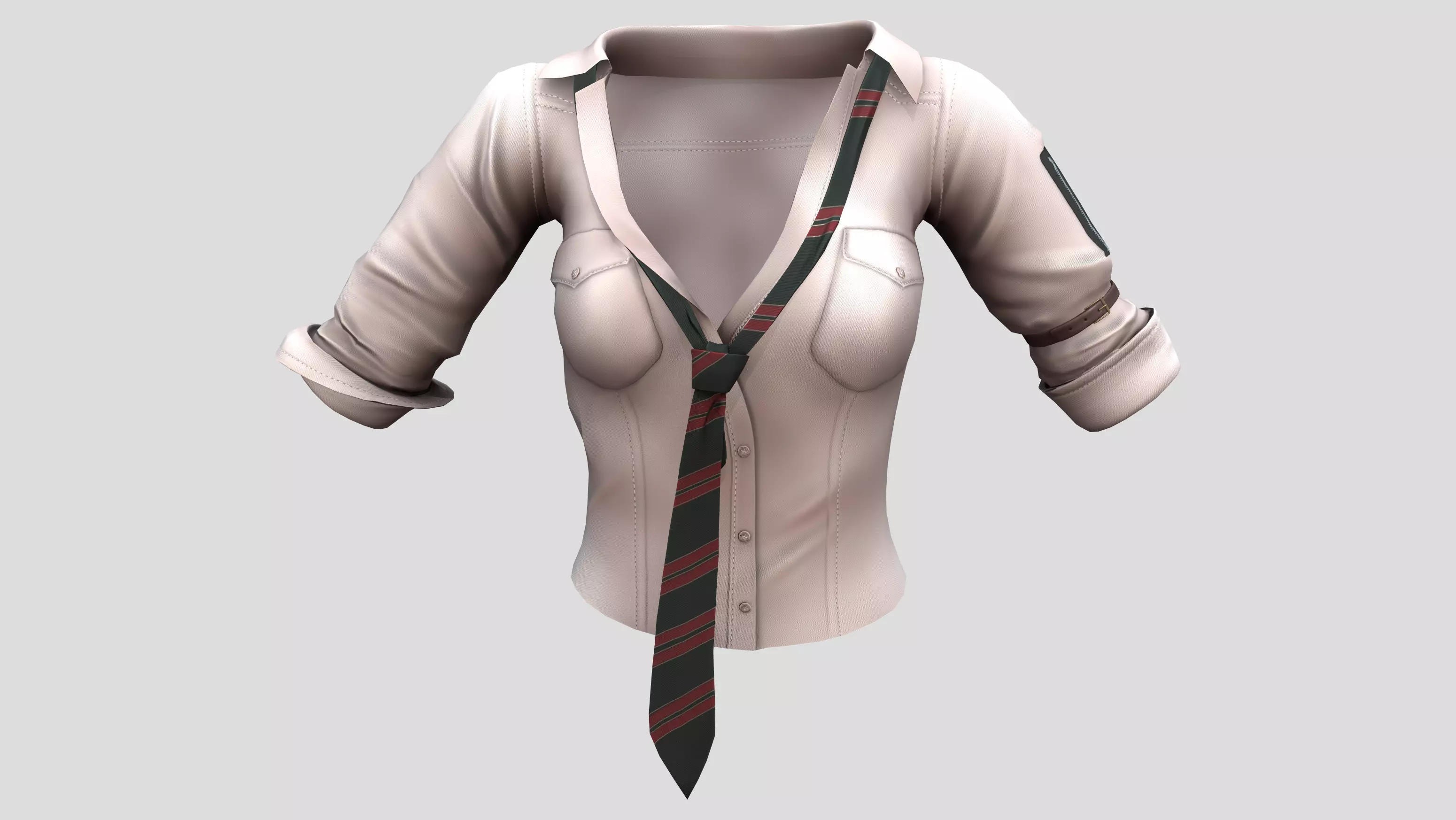 Stained Female Rolled Sleeves Shirt With Loose Tie Low-poly 3D model_0