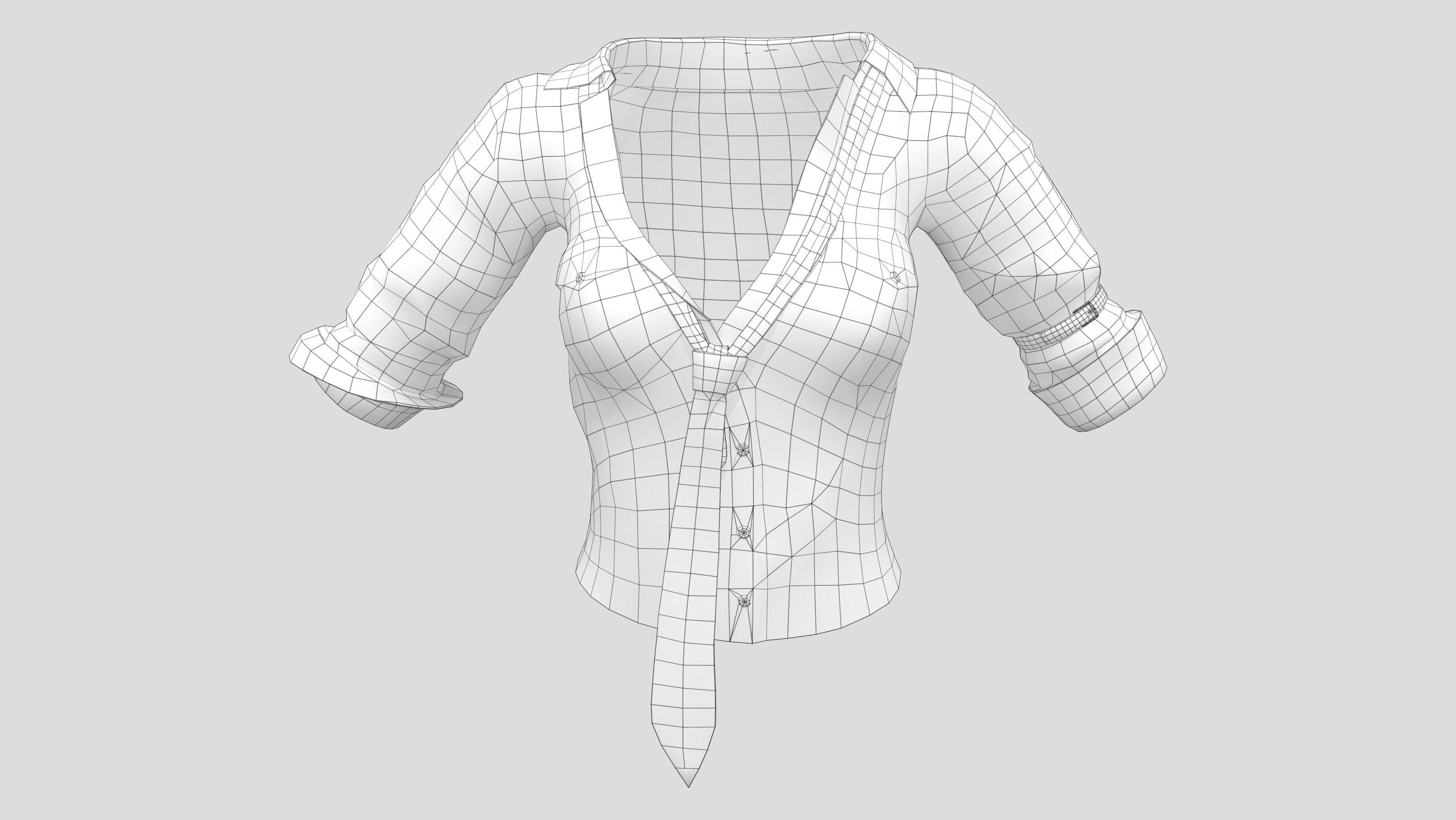 Stained Female Rolled Sleeves Shirt With Loose Tie Low-poly 3D model_6