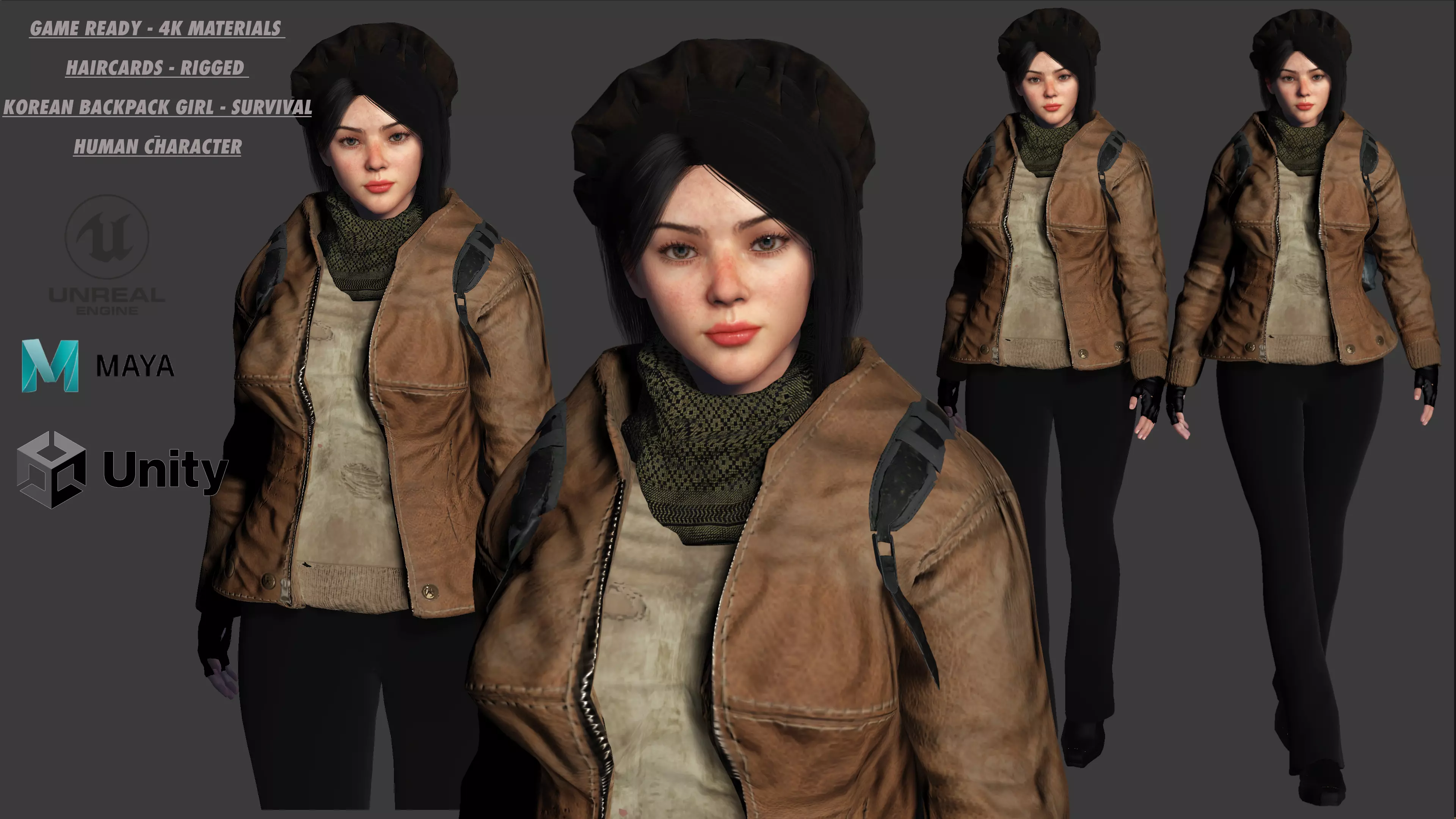 3D HYPER REALISTIC HUMAN RIG-KOREAN ASIAN GIRL - SURVIVAL OUTFIT Low-poly 3D model_0