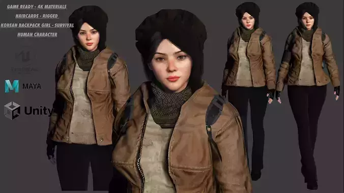 3D HYPER REALISTIC HUMAN RIG-KOREAN ASIAN GIRL - SURVIVAL OUTFIT Low-poly 3D model