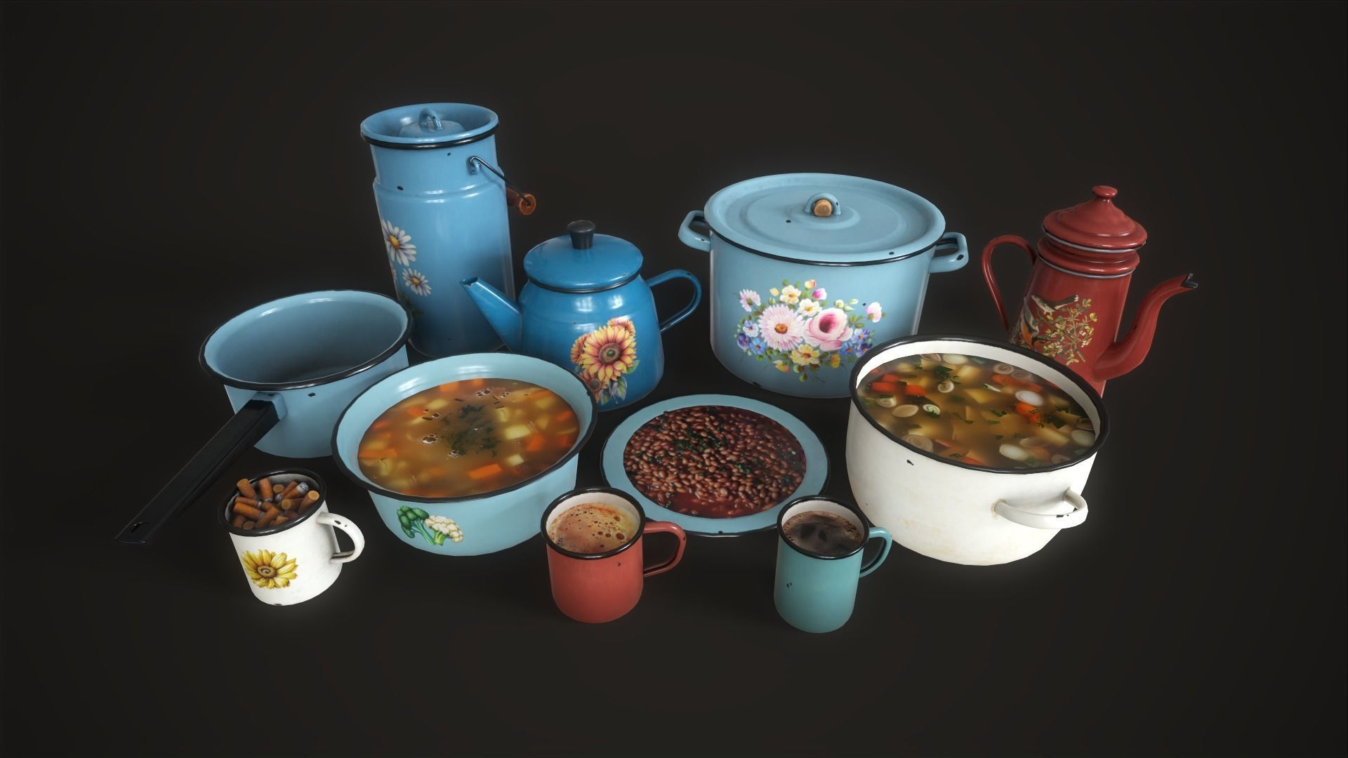 Enamel tableware set  Low-poly 3D model_3