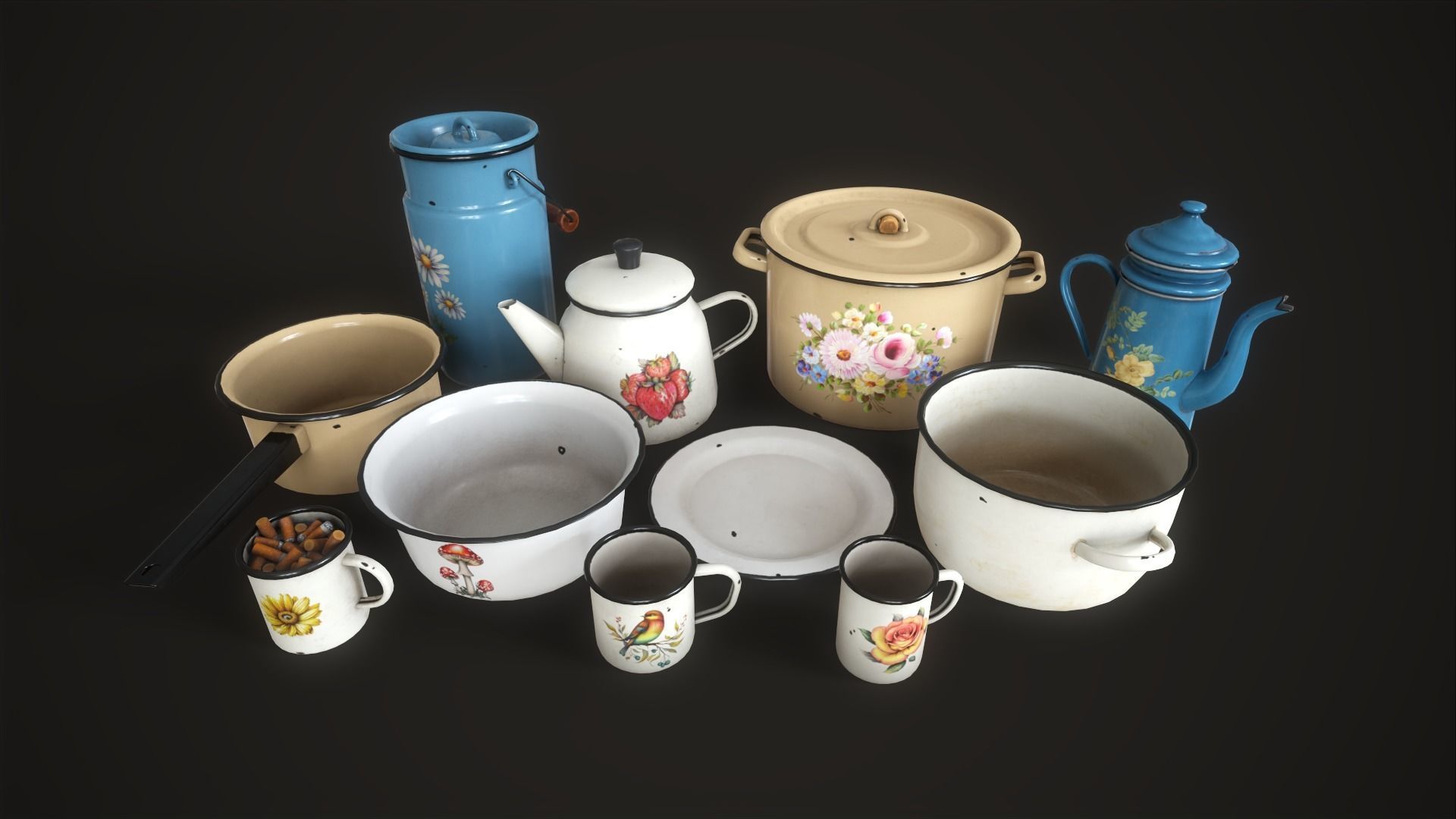 Enamel tableware set  Low-poly 3D model_1