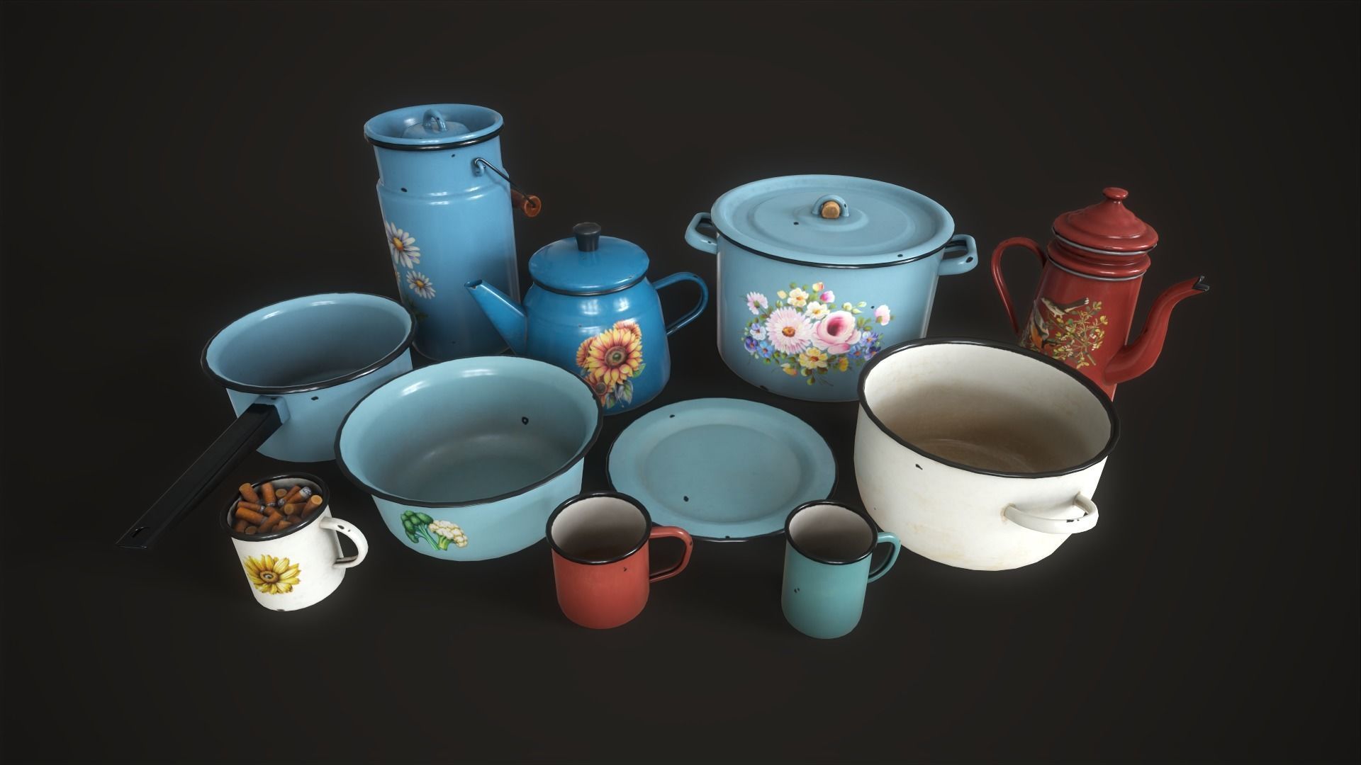 Enamel tableware set  Low-poly 3D model_5
