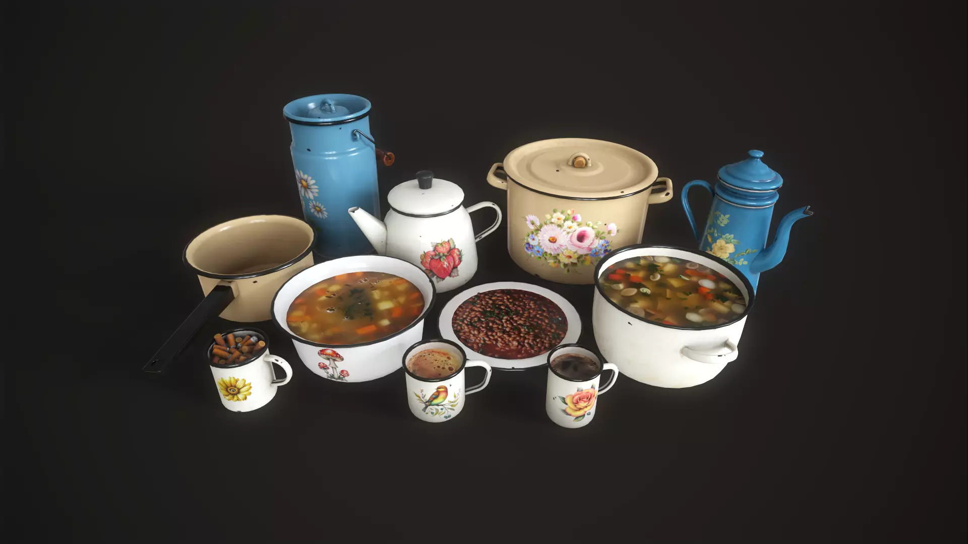 Enamel tableware set  Low-poly 3D model_0