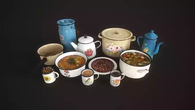 Enamel tableware set  Low-poly 3D model