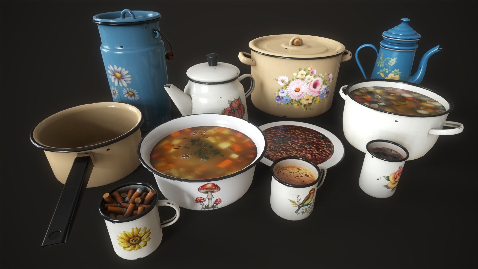 Enamel tableware set  Low-poly 3D model_8