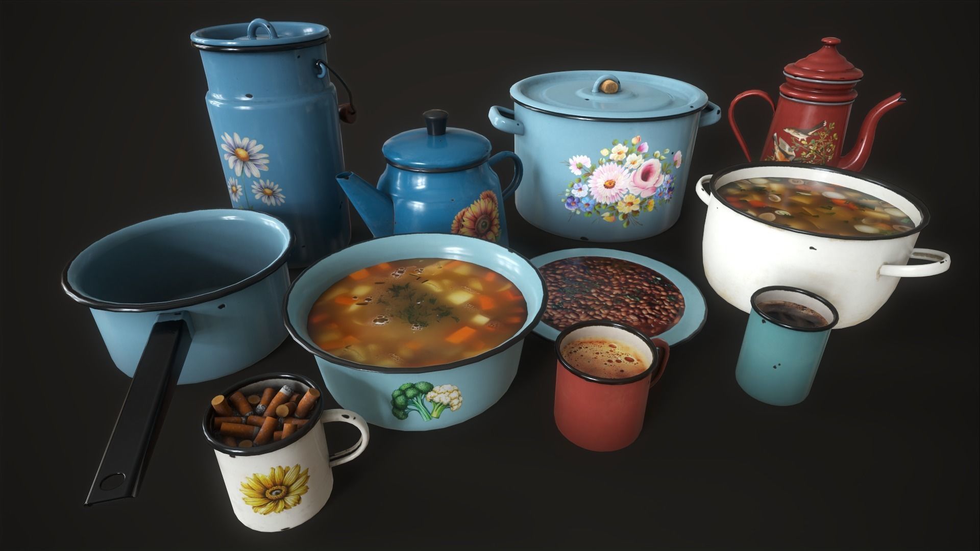 Enamel tableware set  Low-poly 3D model_9