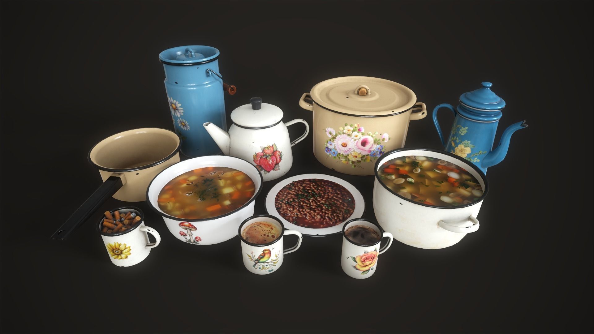 Enamel tableware set  Low-poly 3D model_7