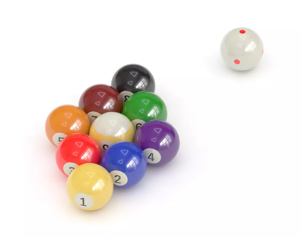 9 billiard balls aligned and a cue ball with 6 red points 3D model_0