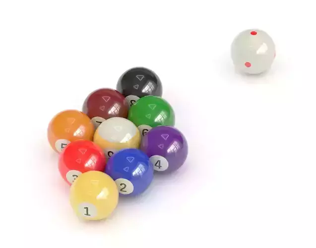9 billiard balls aligned and a cue ball with 6 red points 3D model