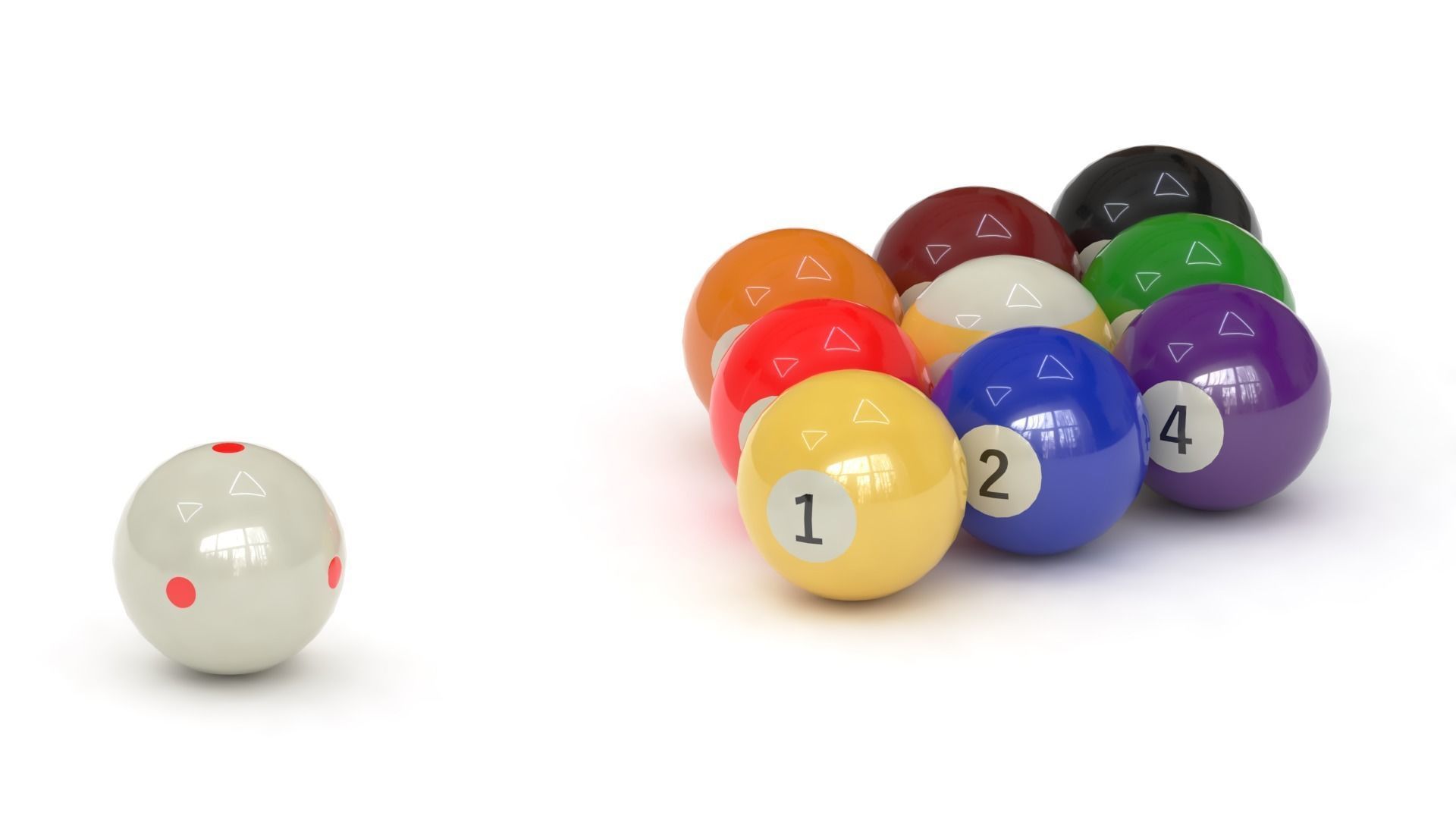 9 billiard balls aligned and a cue ball with 6 red points 3D model_2