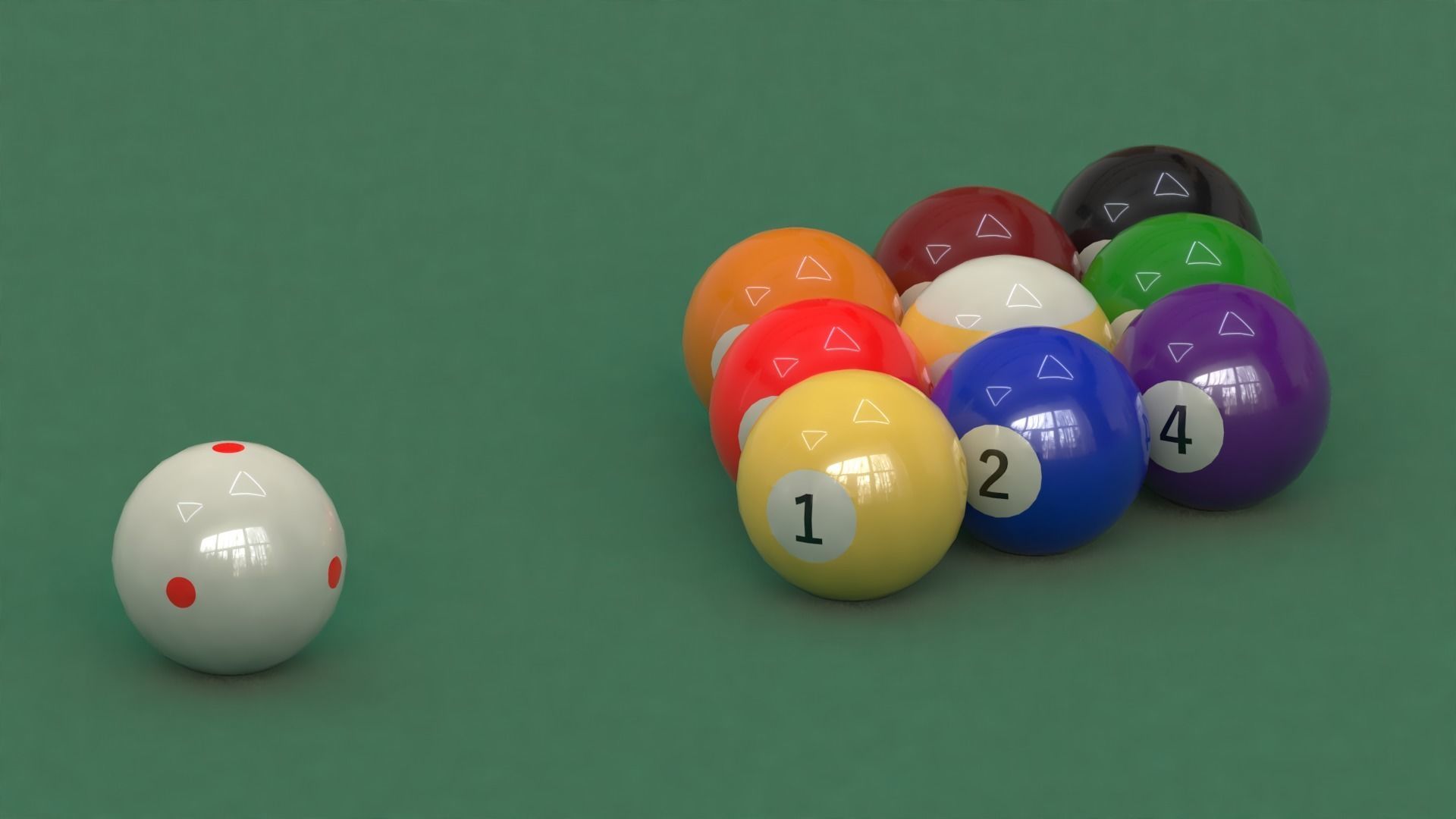 9 billiard balls aligned and a cue ball with 6 red points 3D model_3