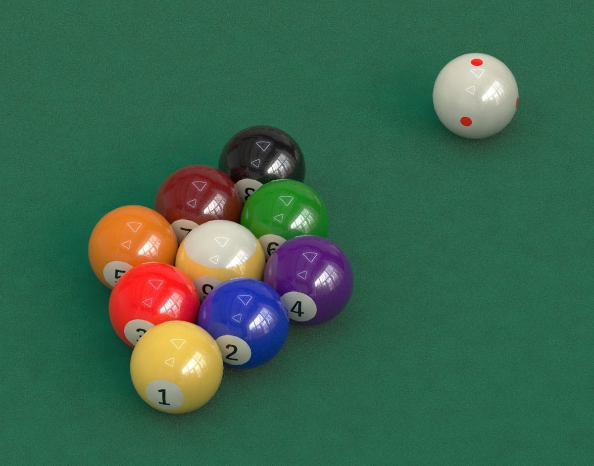 9 billiard balls aligned and a cue ball with 6 red points 3D model_1