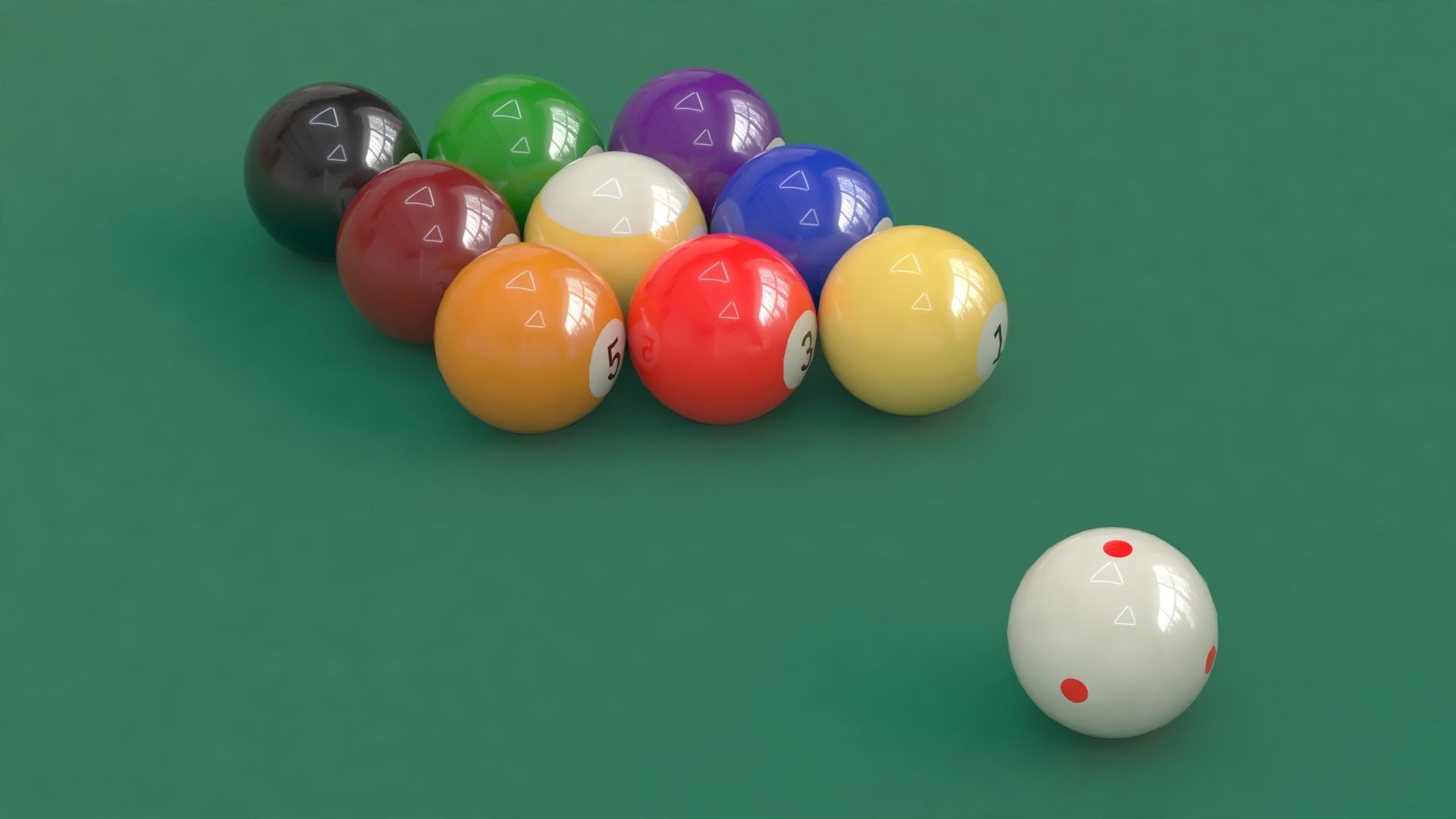 9 billiard balls aligned and a cue ball with 6 red points 3D model_5