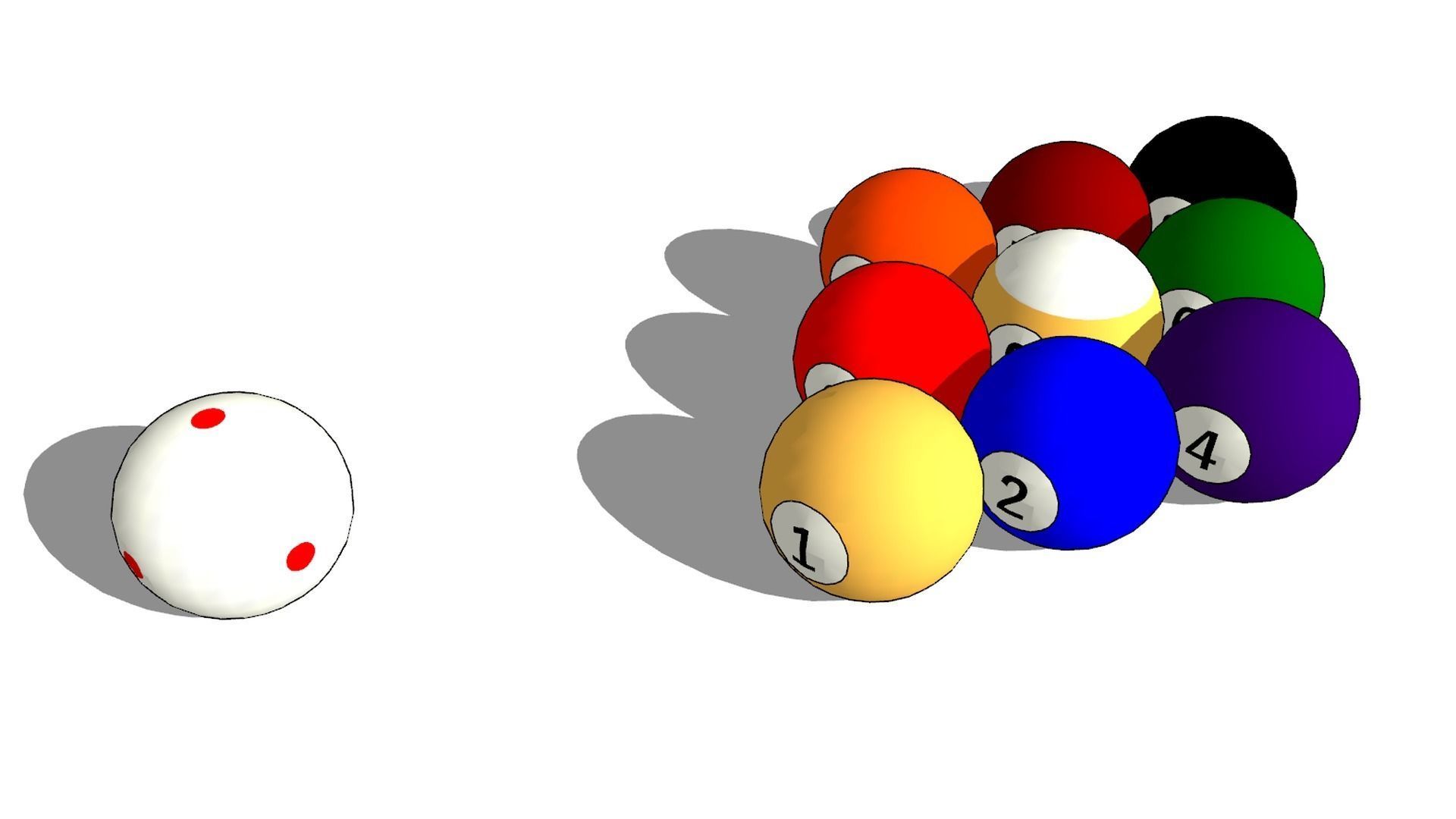 9 billiard balls aligned and a cue ball with 6 red points 3D model_7