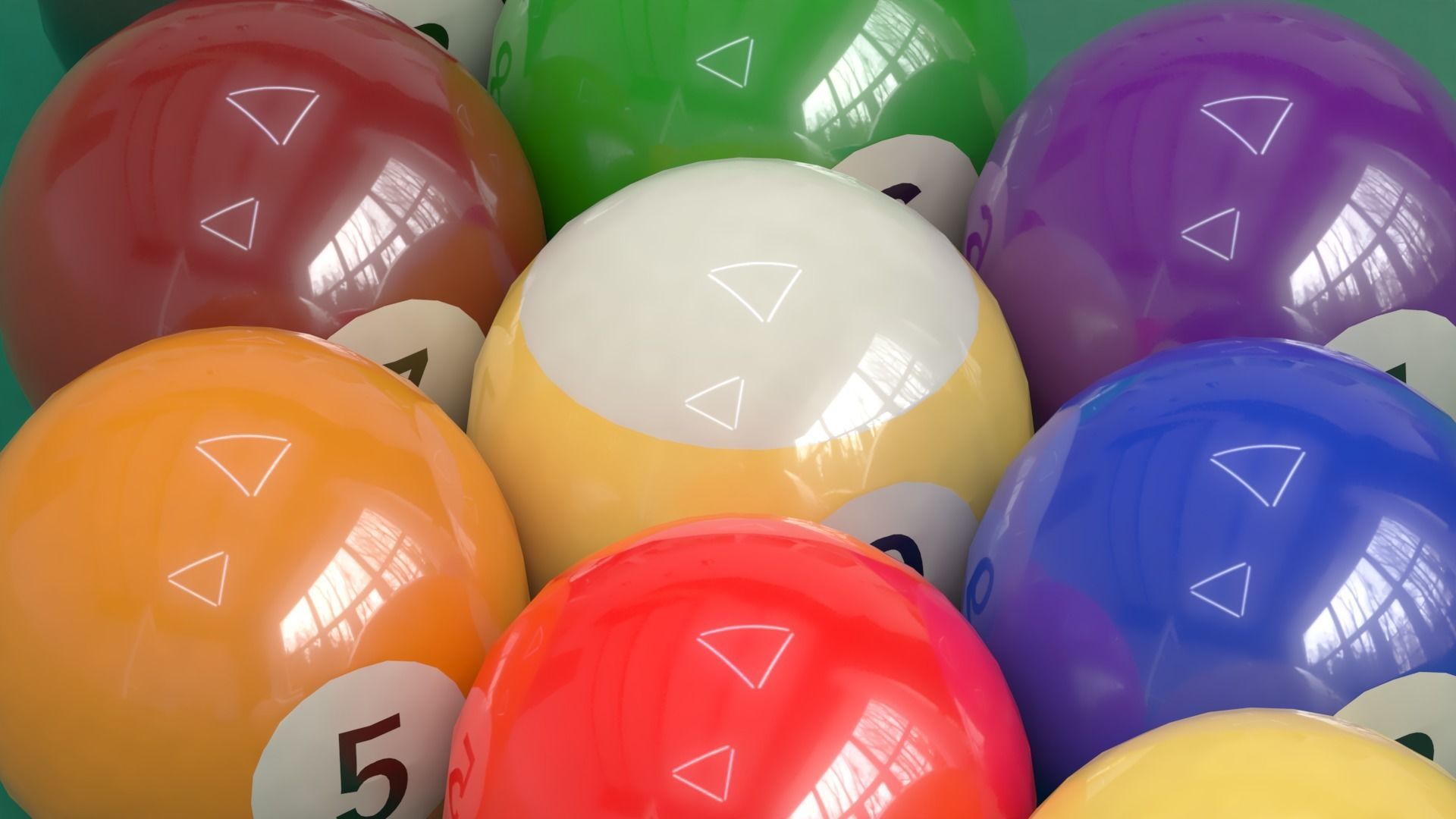 9 billiard balls aligned and a cue ball with 6 red points 3D model_4