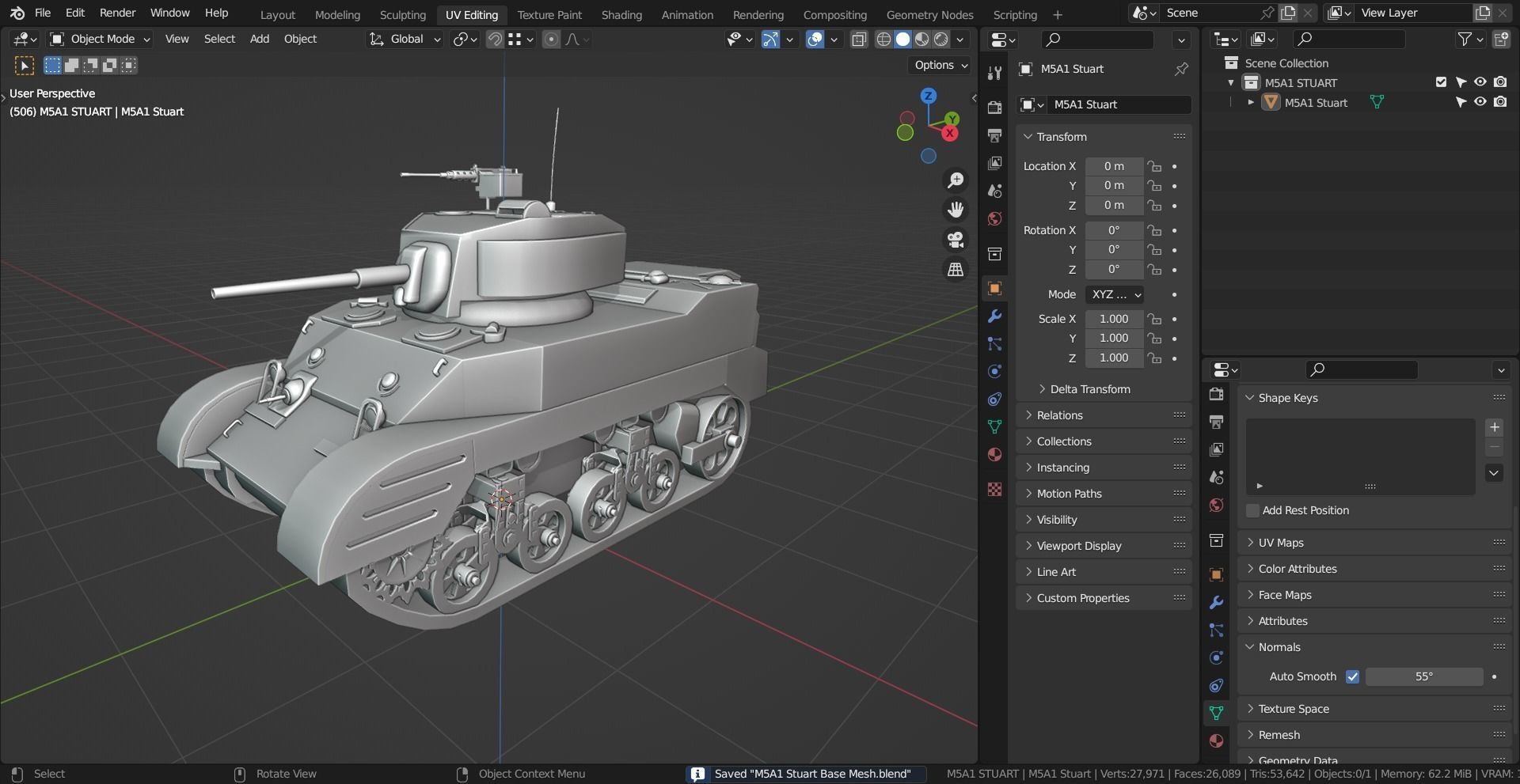 M5A1 Stuart Tank Base Mesh Low-poly 3D model_1