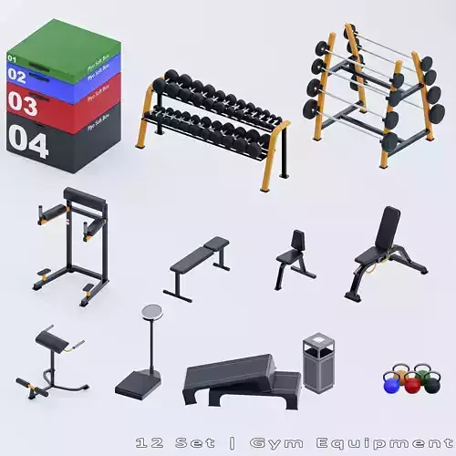 12Gym Equipment Blender -FBX -OBJ Low-poly 3D model