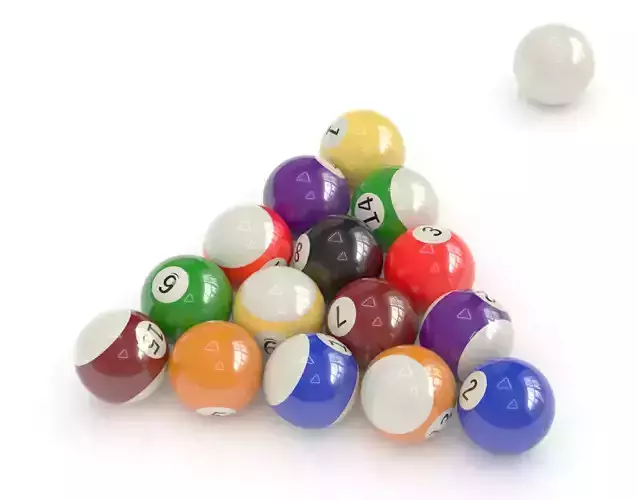 15 billiard balls in random position and a white cue ball 3D model