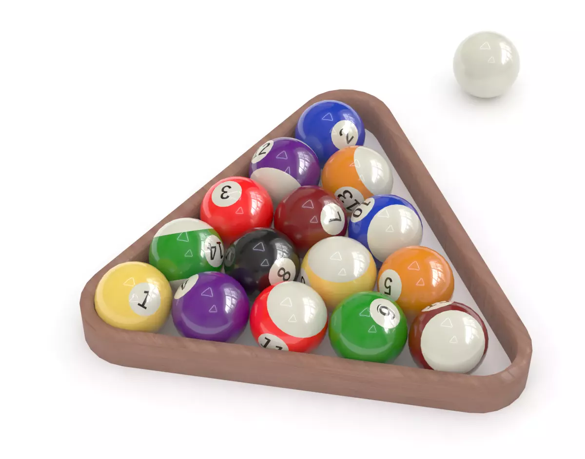 15 billiard balls in random position with rack and cue ball 3D model